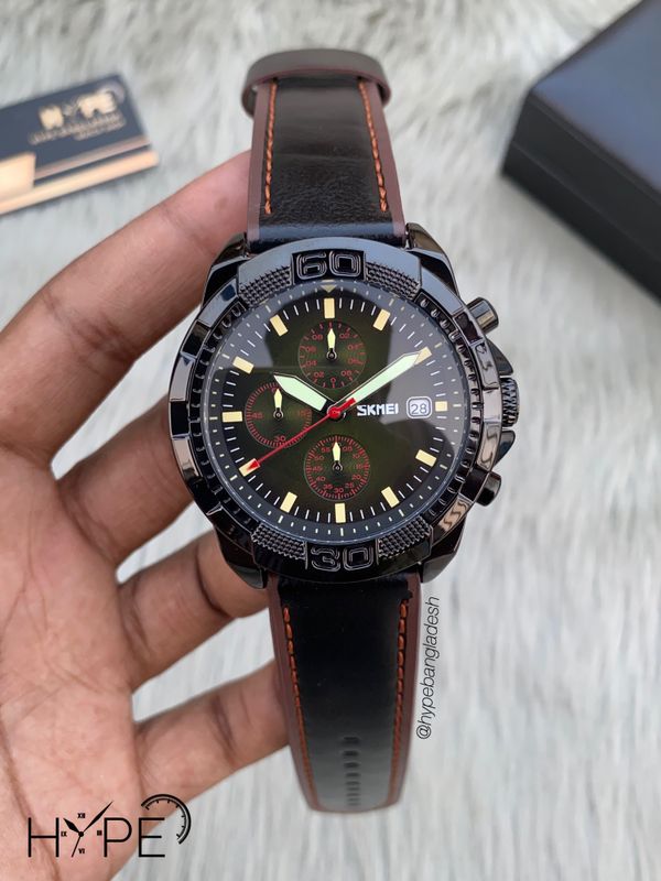 SKMEI leather belt chronograph (Black-Green))