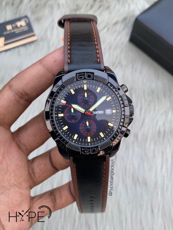 SKMEI leather belt chronograph (Black-Blue)