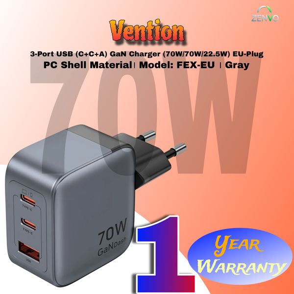 Vention 3-Port GaN USB-C & USB-A Charger 70W, EU Plug