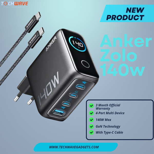 Anker Zolo 140W 4-Port Multi Device Charging GaN Power Adapter With Type-C Cable
