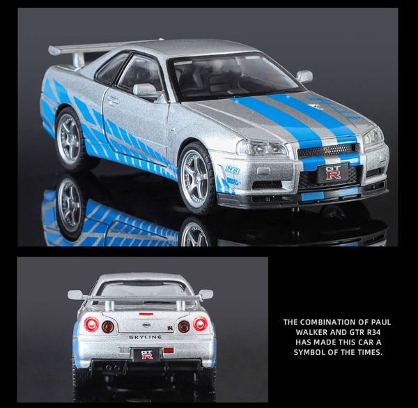 1:24 Nissan Skyline GT-R R34 Diecast Model Car Paul Walker Fast and the Furious