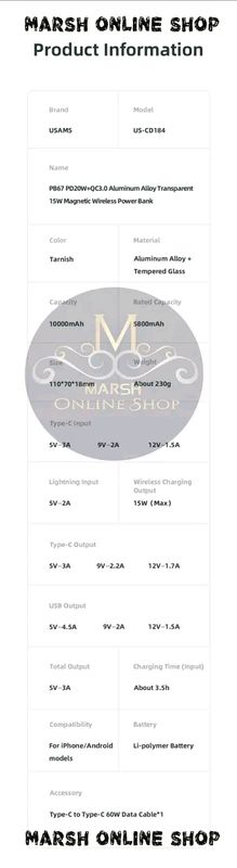 💥USAMS CD184 10000mAh PD 20W Aluminum Magnet WirPower Bankeless - Image 11