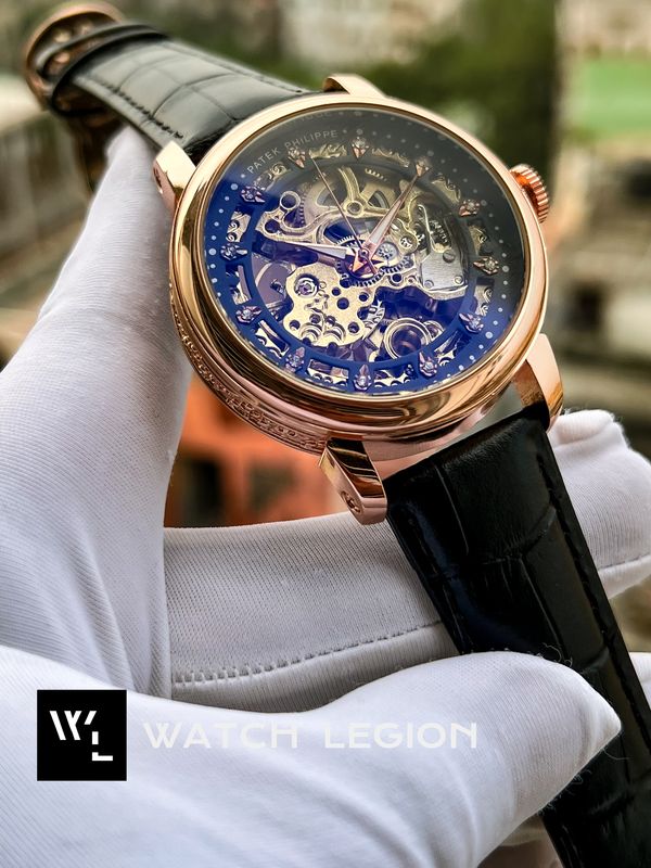PATEK AUTO NEW STONE BLACK BELT ROSE GOLD CASE