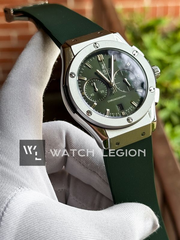 HUBLOT CLASSIC FUSION SILVER CASE GREEN BELT GREEN DIAL
