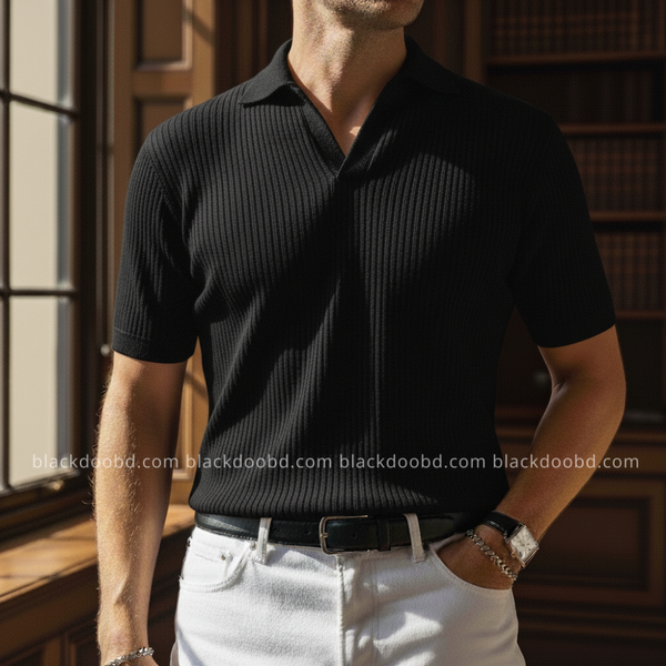 Old Money Men’s Polo – Ribbed Cotton Knit | Black
