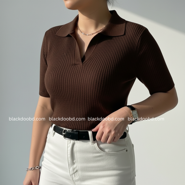 Old Money Women's Polo – Ribbed Cotton Knit | Coffee