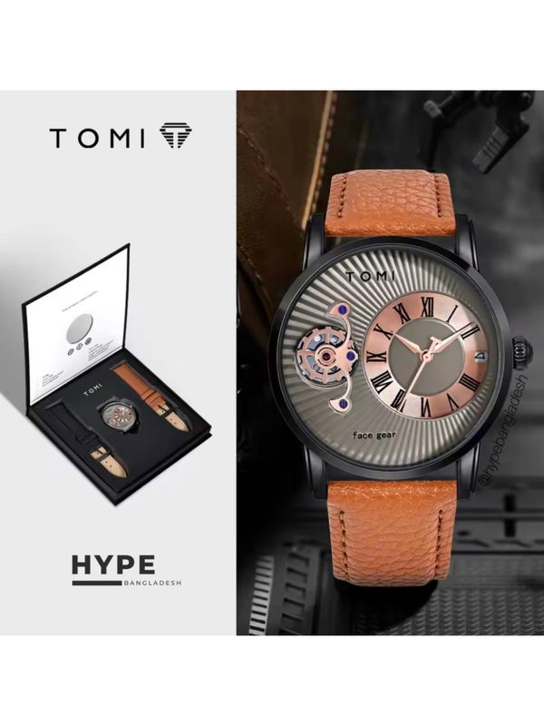 TOMI T-104 Face Gear Dual Strap Leather Belt Watch (Brown-Ash)