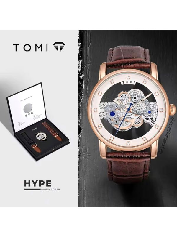 TOMI T-102 Face Gear Transperent Dual Strap Leather Belt Watch (White-Rosegold)