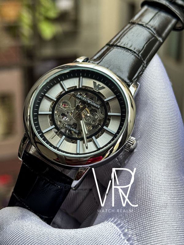 ARMANI AUTO BLACK BELT,SILVER CASE,WHITE DIAL