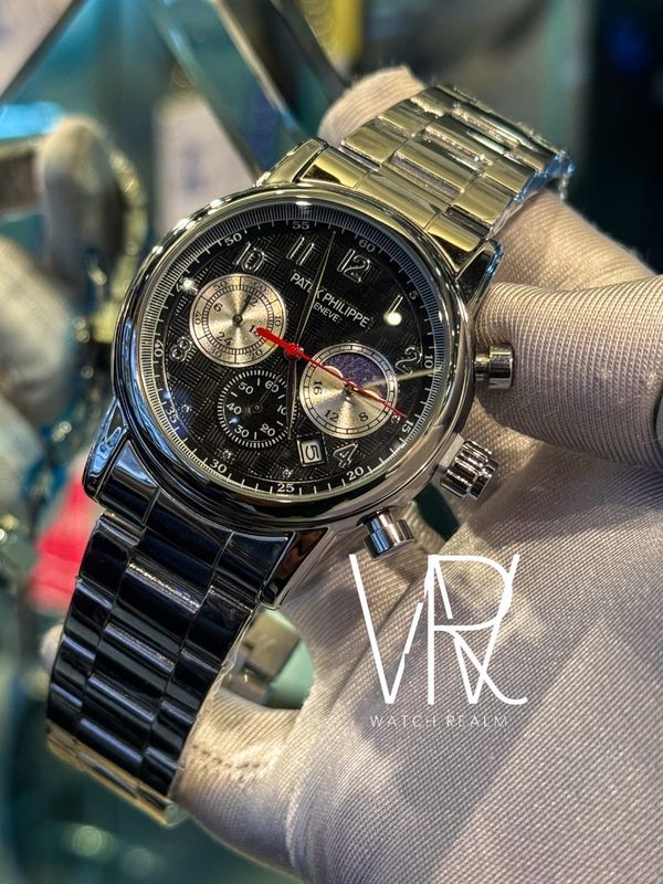 PATEK CHRONO SILVER CHAIN,BLACK DIAL