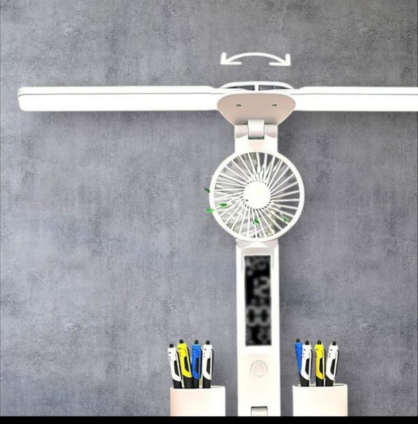 LED Desk Lamp with Fan Touch Control Table Lamp Dimmable Reading Lamp 3200mAh USB Charging Office Lamp Eye Protection Study Lamp for Kids Calendar Time Temperature Function for Home School Work.