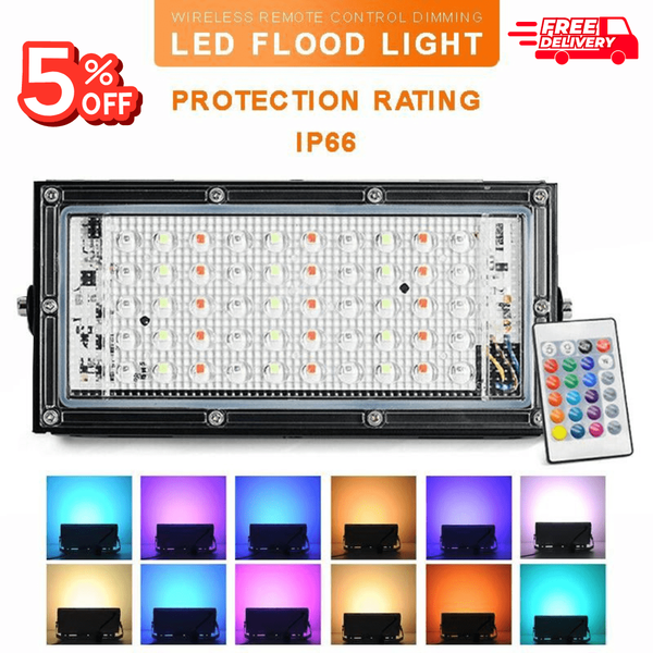 RGB LED Flood Light- Remote Controlled IP66 Waterproof Landscape & Outdoor Lighting (50W, AC220V) – Black Color