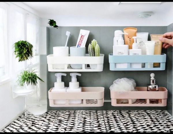 multipurpose plastic organizer racks commonly used in bathrooms, kitchens, or offices.