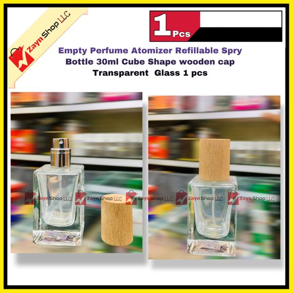 Empty Perfume Atomizer Refillable Spry Bottle 30ml Cube Shape wooden cap Transparent Glass 1 pcs