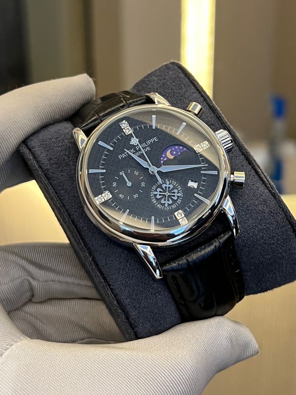 Patek Philippe Moon Phase Black Dial Silver Bezel Black Belt AA Grade