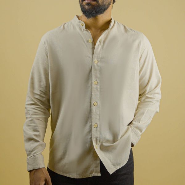 Ivory Beige Band Collar Shirt
