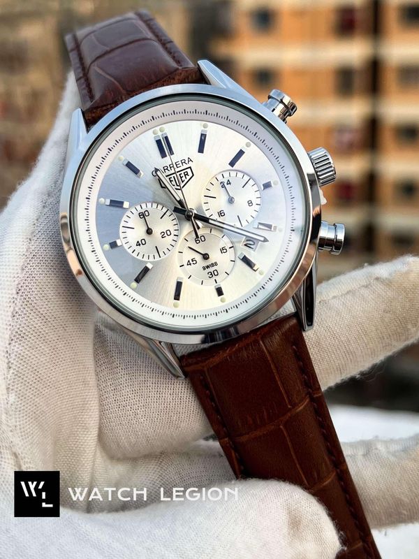 TAG BELT 3 CHRONO SILVER BODY BROWN BELT, WHITE DIAL
