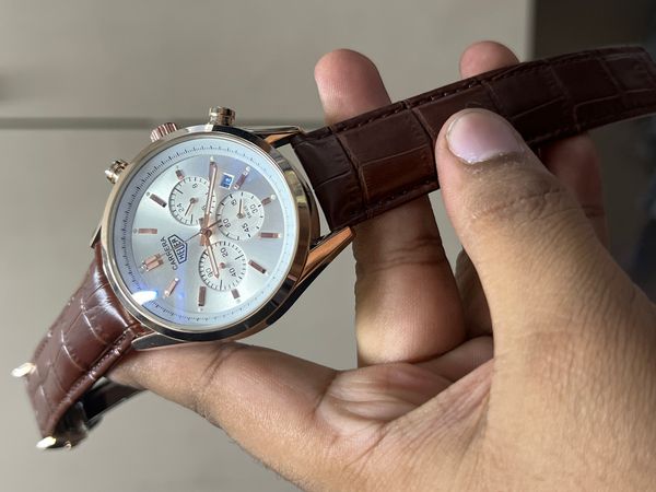 TAG BELT 3 CHRONO ROSE GOLD BODY BROWN BELT, WHITE DIAL