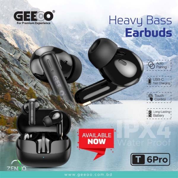 Geeoo T6 Pro Heavy Bass Wireless Earbuds – Black