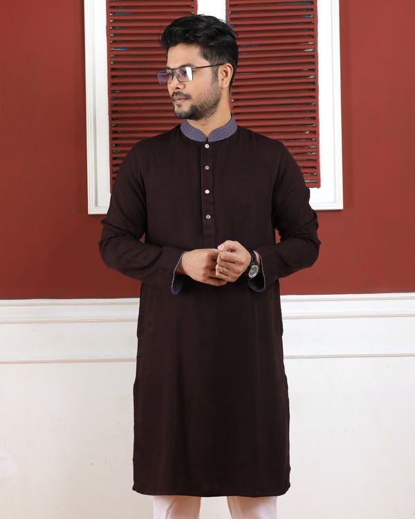 Rich Maroon Panjabi with Patterned Collar and Cuffs