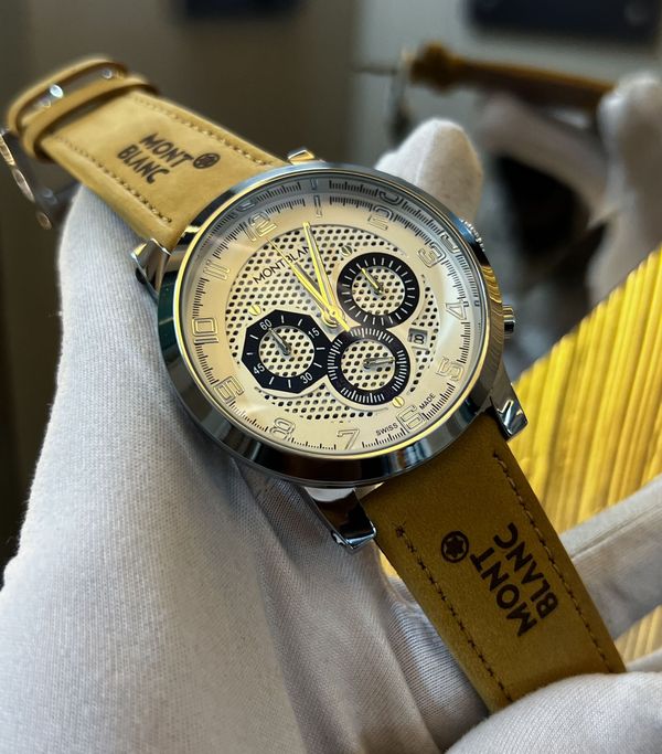 Mont Blanc White Dial Black Chrono Mustard Belt AA