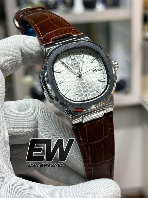PATEK NAUTILUS SWEEP WHITE DIAL BROWN BELT SILVER CASE