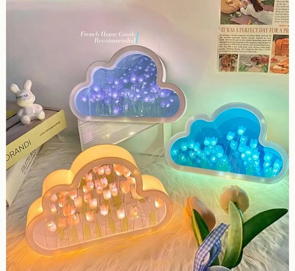 Creative Handmade LED Night Light Mirror DIY Tulip Flower Table Lamp Home Decoration Tulip Lamp