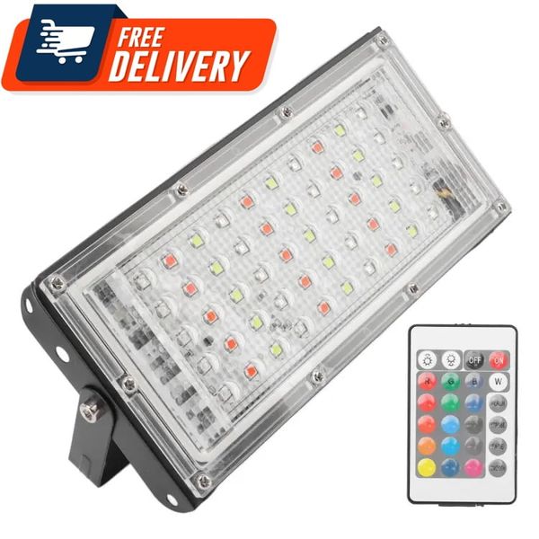 RGB LED Flood Light- Remote Controlled IP66 Waterproof Landscape & Outdoor Lighting (50W, AC220V) – Black Colo