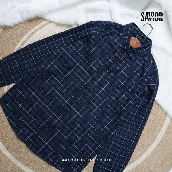 Midnight Teal Grid Check Full Sleeve Pocketless Shirt