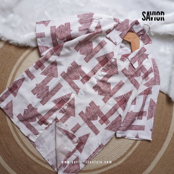 White and Red Print Drop Shoulder Cuban Shirt