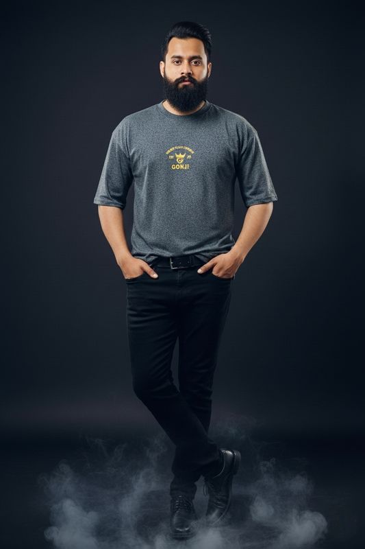 Gonji Dark Grey Yellow Logo Drop Shoulder T-Shirt