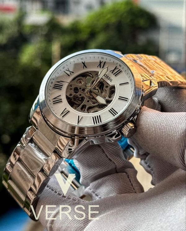 FOSSIL AUTO CHAIN FULL SILVER WHITE DIAL
