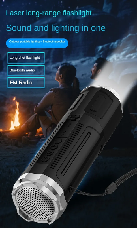 Portable Bluetooth Speaker With Zoomable Flashlight - 4 Dimming Modes FM Radio Long Lasting Life