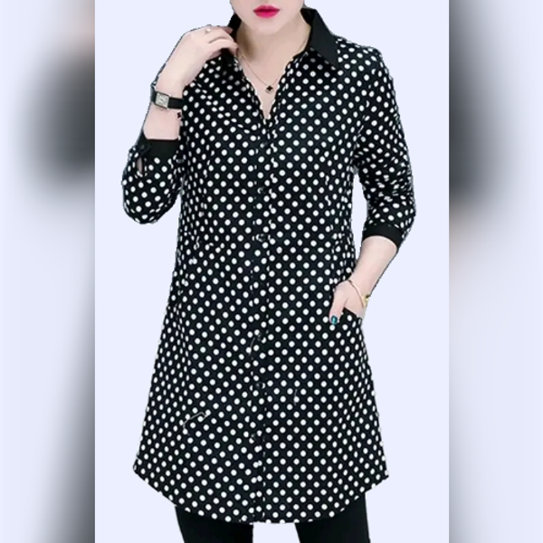 100% cotton stylish ball print 3Q sleeve coller long shirt for women