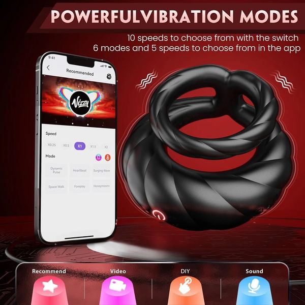 Vibrating Double Cock Ring Sex Toys for Men Penis Ring Vibrator with 10 Vibrations Adult Male Sex Toy for Longer Harder Stronger