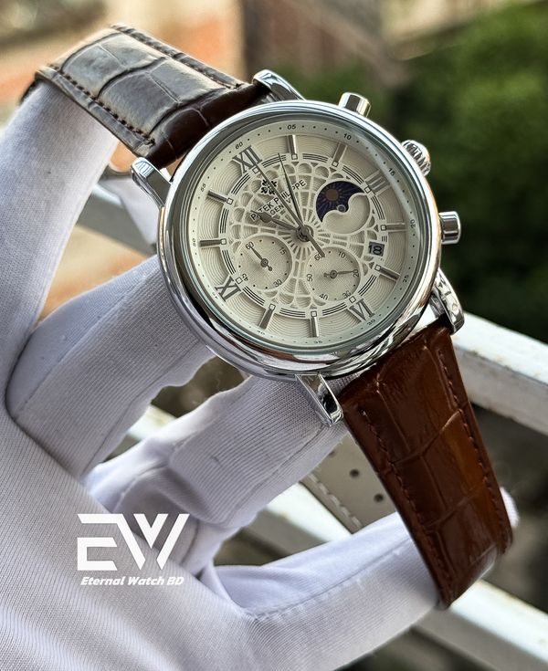 PATEK PHILLIPE SPIDER BROWN BELT WHITE DIAL SILVER CASE