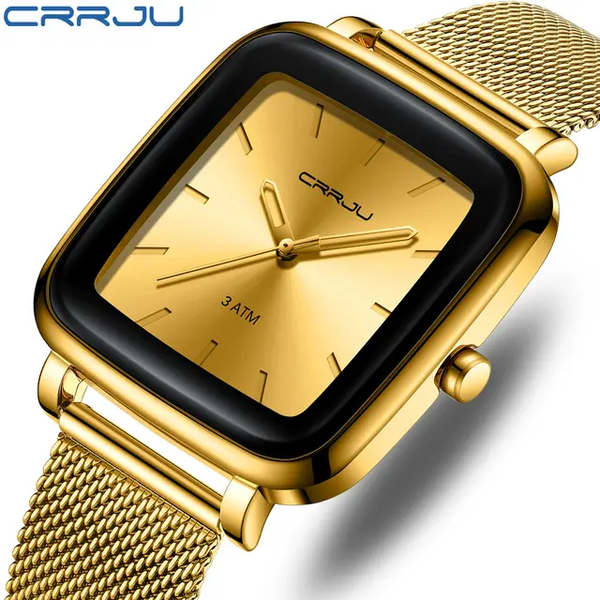 CRRJU 2199 Luxury Gold Men Quartz Watch Stylish Mesh Strap Water Proof Pointer Display Simple Business Wrist Watch