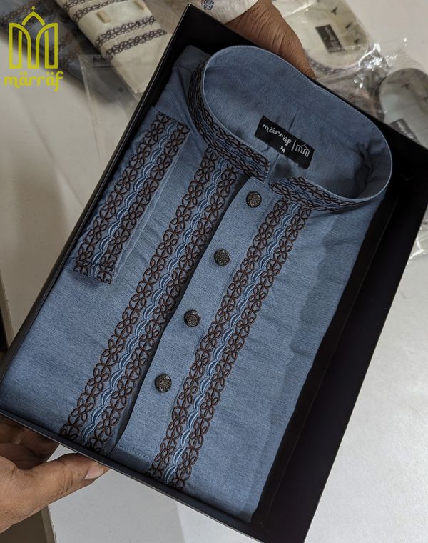 Celestial Blue Ash Cotton Panjabi with Delicate Embroidery
