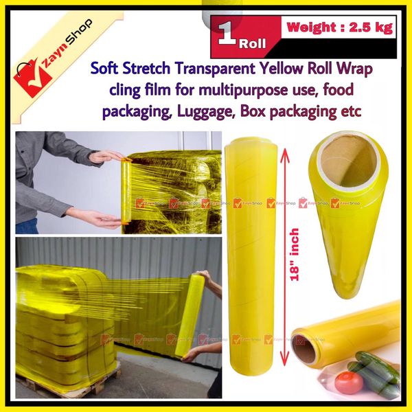 Poly Roll Yellow 2.5 Kg Plastic Stretch Soft Wrapping Strong Stretch Wrap Cling Film for Food Packing / Luggage Packing / Box Wrapping etc