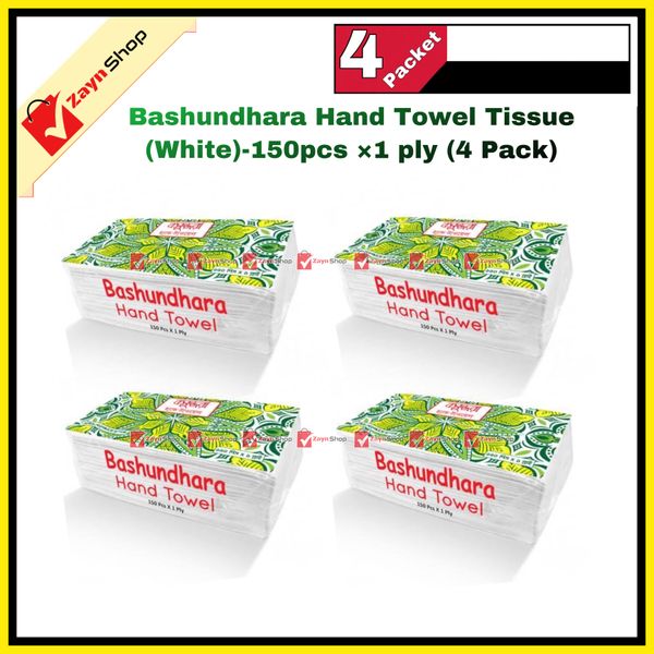 Bashundhara Hand Towel Tissue (White)-150pcs ×1 ply (4 Pack)