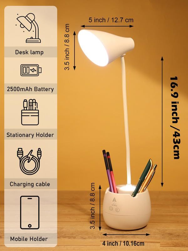 360 Degree Flexible Desk Lamp withNight Lamp, Advanced Pen and Mobile Holder Design Modern Touch Switch Rechargeable Table Lamp Eye Care Reading Study Bed Side, Office Use, Home Decor All in One Table Lamp Study Lamp