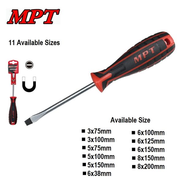 MPT Screwdriver, Flat, Cr-V, Slotted ( 3x75 | 3x100 | 5x75 | 5x100 | 5x150 | 6x38 | 6x100 | 6x125 | 6x150 | 8x150 | 8x200mm ) MHA01001