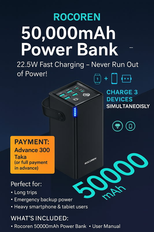 Rocoren 50,000mAh 22.5W Power Bank With Fast Charging 6 Ports USB + Type-C Powerbank With Flashlight