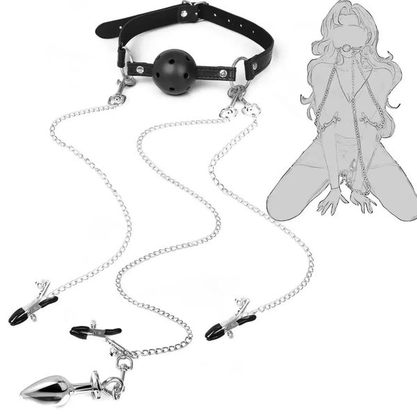 Erotic Toy Leather Mouth Gag Ball Anal Butt Plug with Chain Clip Breast Nipple Clamps Fetish Bondage Harness Sex Toys Adult Game