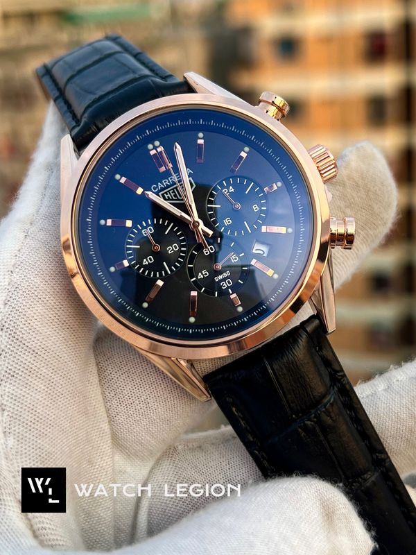 TAG BELT 3 CHRONO ROSE GOLD BODY BLACK BELT, BLACK DIAL