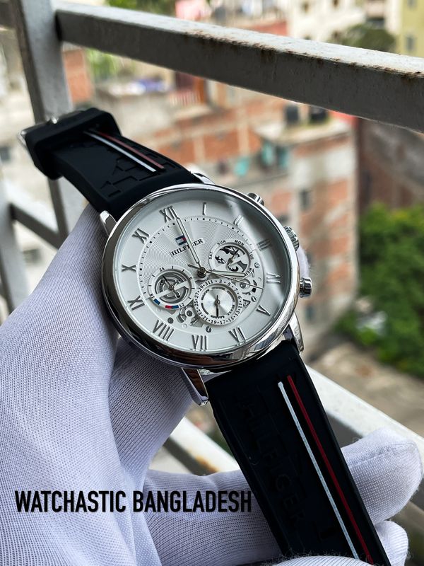 Hilfiger Silicone Black Belt White Dial
