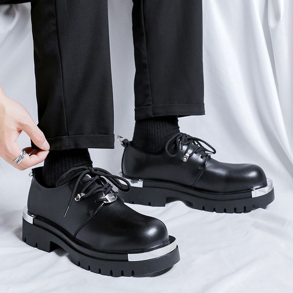 Men's Faux Leather Low-heeled Lace-up Breathable Square-toe Platform Shoes