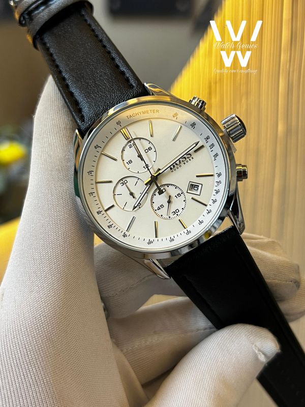 Boss Belt Three Chrono Black Belt Silver Case White Dial V2