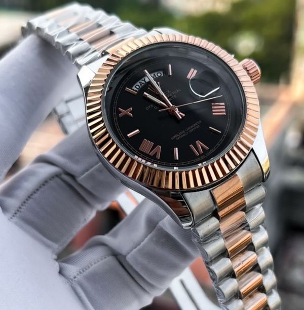 ROLEX DAY-DATE TWO TONE ROSE GOLD CH BLACK DIAL