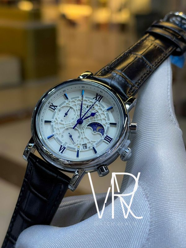 PATEK BLACK BELT SILVER CASE WHITE DIAL BLUE DIGITS
